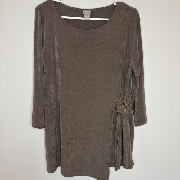 Chico's Tops - CHICO'S Travelers Classic Side-Buckle Tie Top Womens 8/10 Asymmetric Stretch Tan